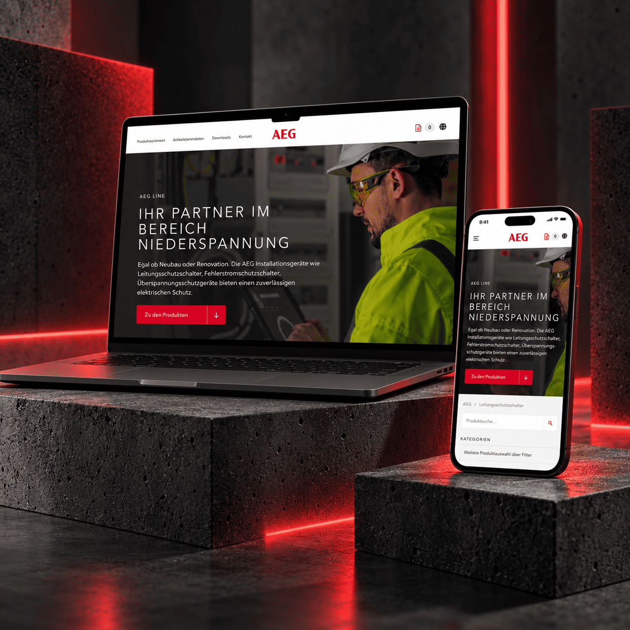 AEG Niederspannung — Desktop- und Mobile-Ansicht, Case-Study von digitalbynature