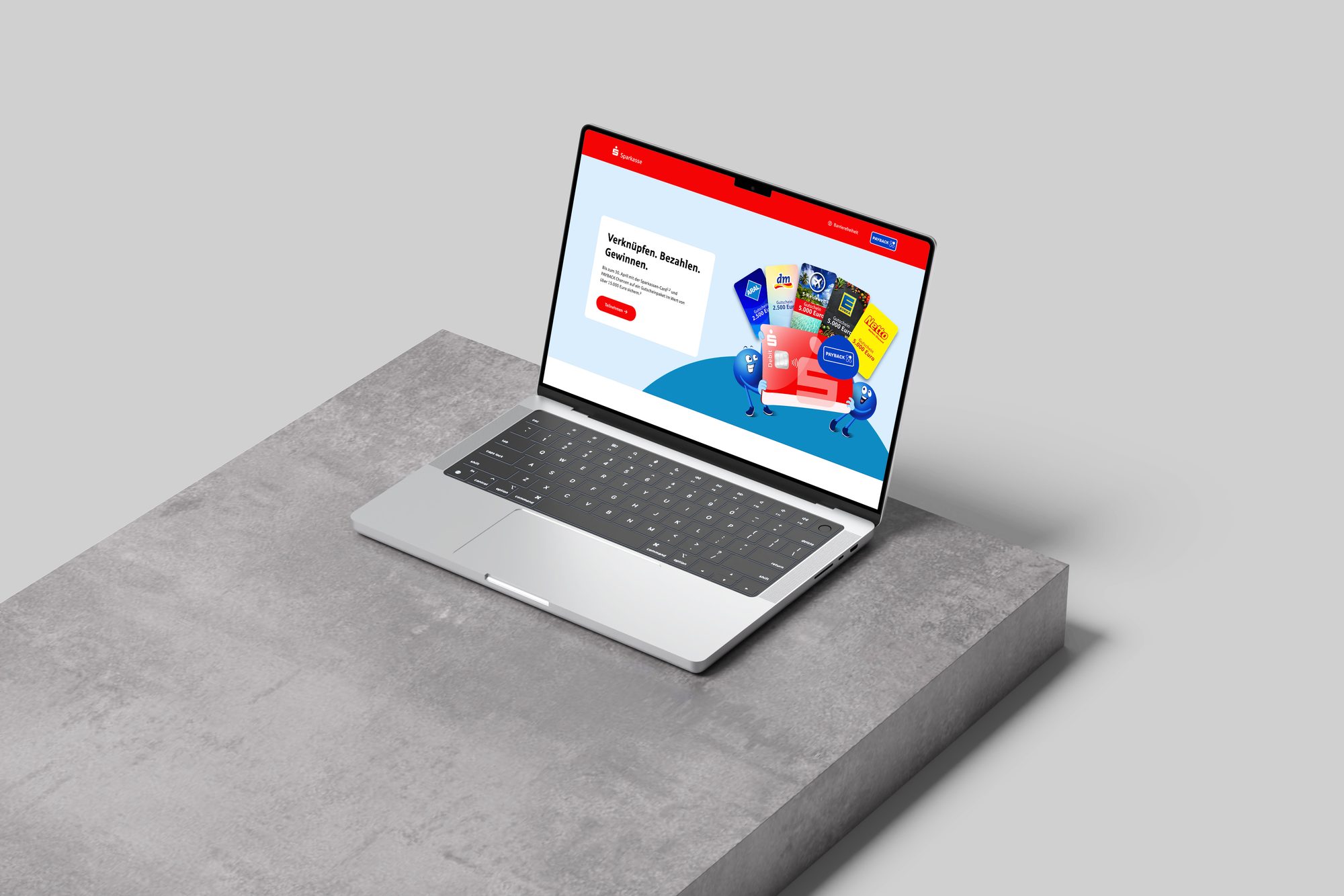Bezammeln — die Landingpage „Verknüpfen. Bezahlen. Gewinnen.“ auf dem Laptop, Case-Study von digitalbynature