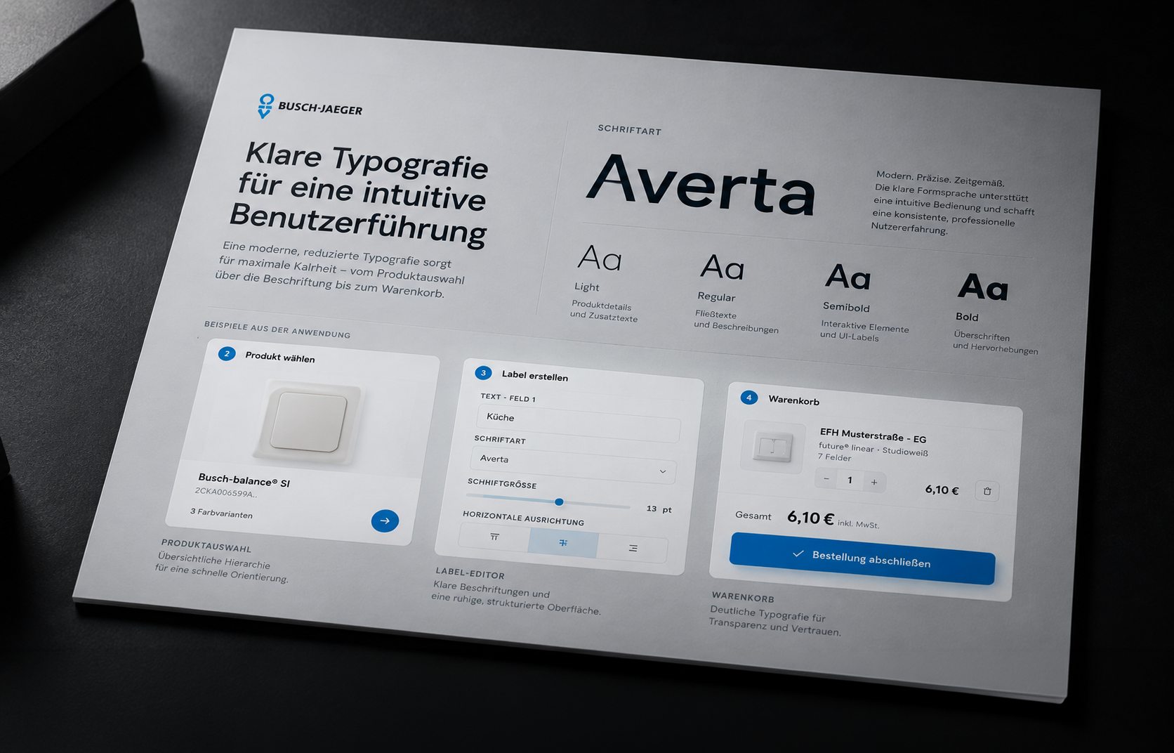 Busch-Jaeger — Typografie-System des Beschriftungstools mit der Schrift Averta, Case-Study von digitalbynature