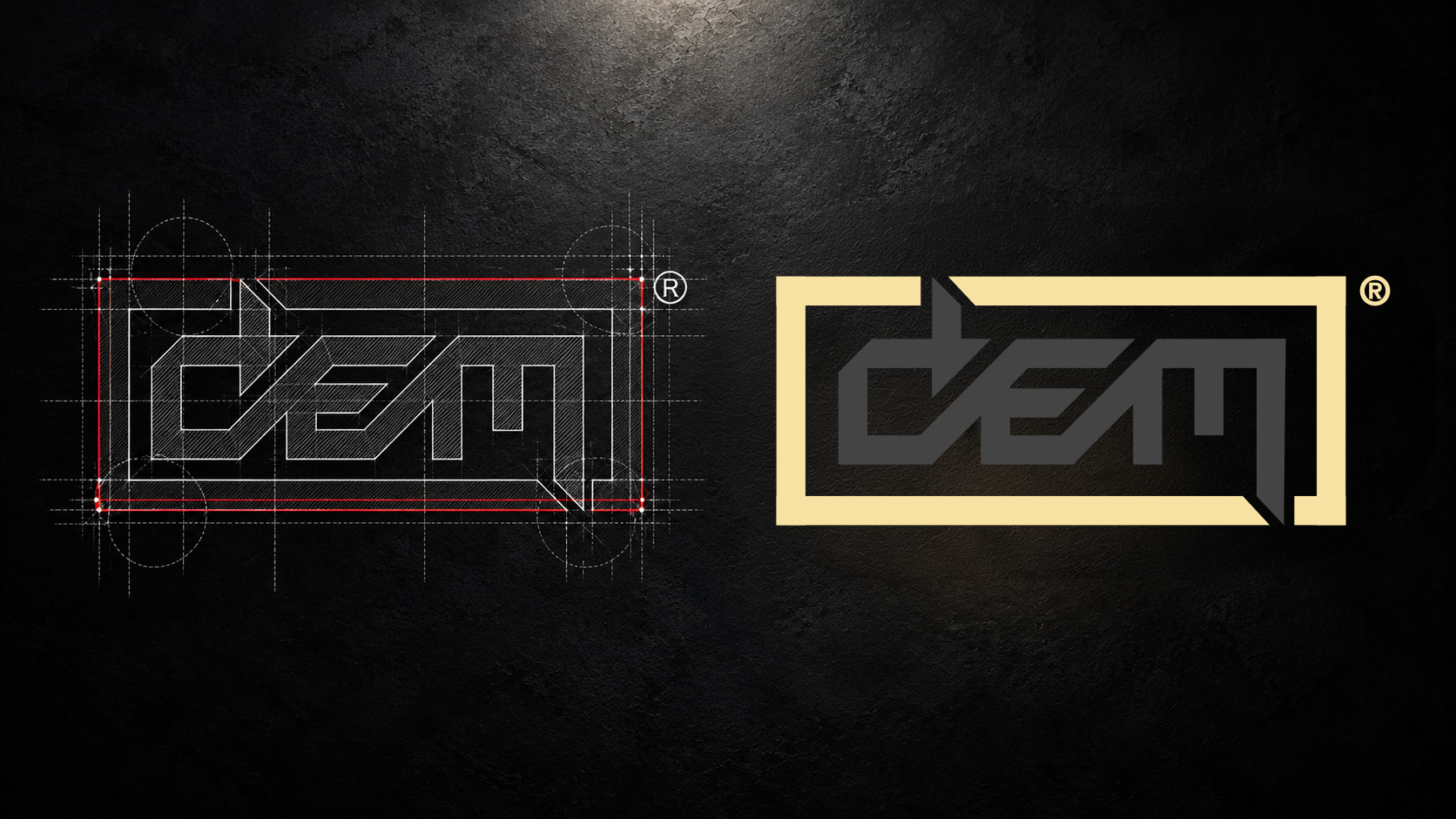 DEM — Logo-Konstruktion: Raster und Hilfslinien links, fertiges Logo rechts, Case-Study von digitalbynature