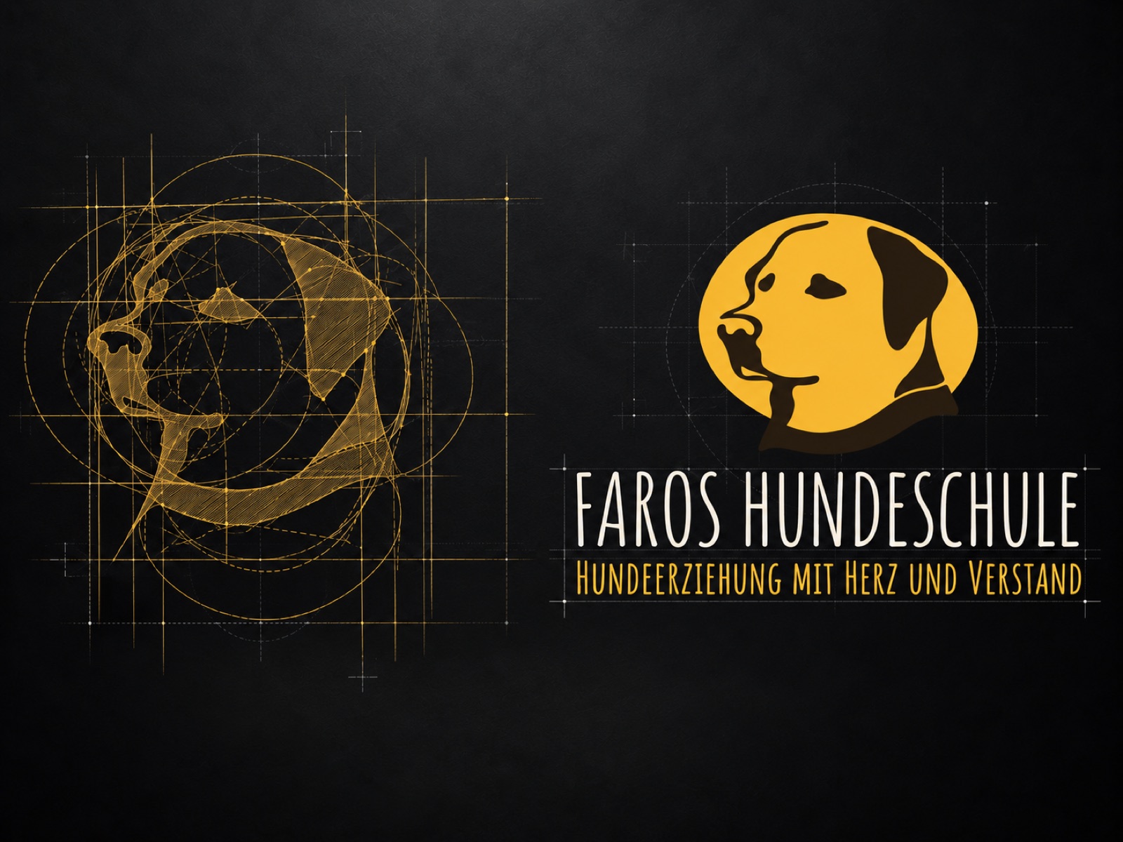 FAROS Hundeschule — goldenes Hundekopf-Logo mit Konstruktionsraster auf dunklem Grund, Case-Study von digitalbynature