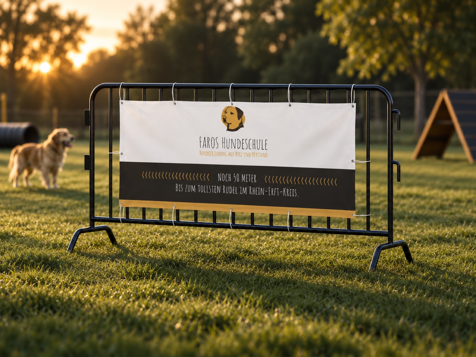 FAROS Hundeschule — Banner am Hundeplatz im Abendlicht mit spielenden Hunden, Case-Study von digitalbynature