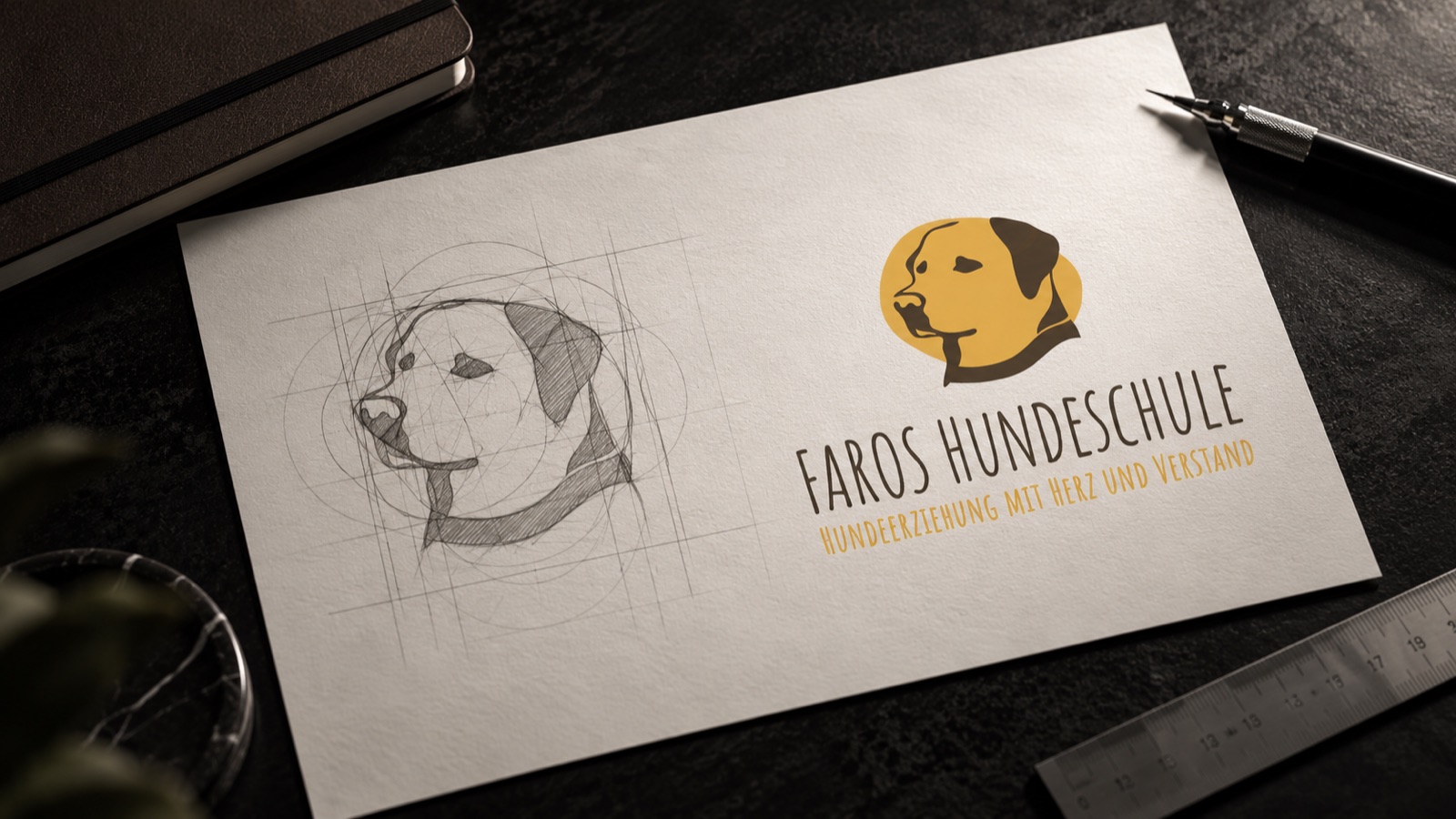 FAROS Hundeschule — Logo-Konstruktion: Skizzen des Hundekopfs neben der finalen Wortmarke, Case-Study von digitalbynature