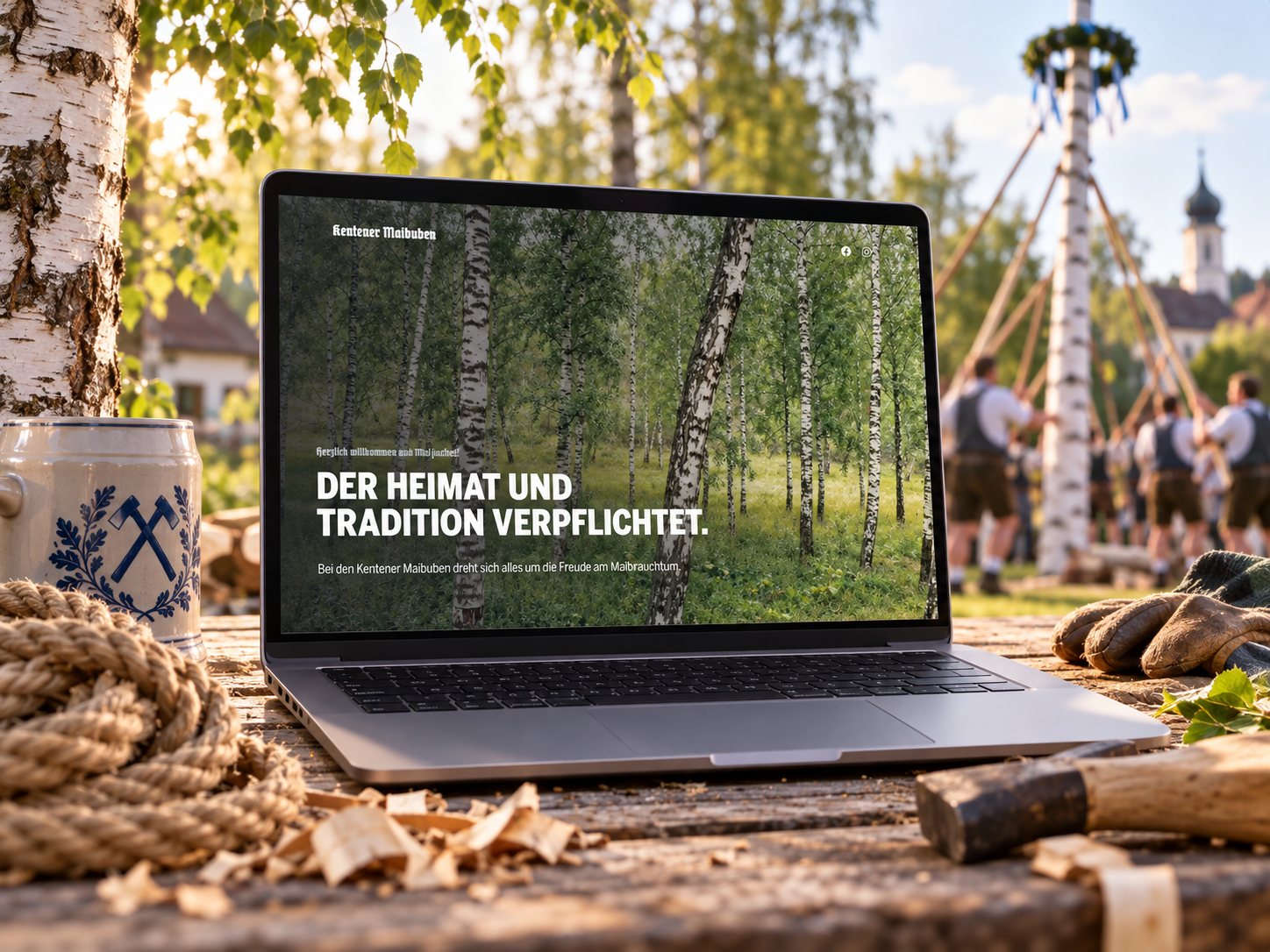Kentener Maibuben — die neue Website auf dem Laptop beim Maibaumfest, Case-Study von digitalbynature