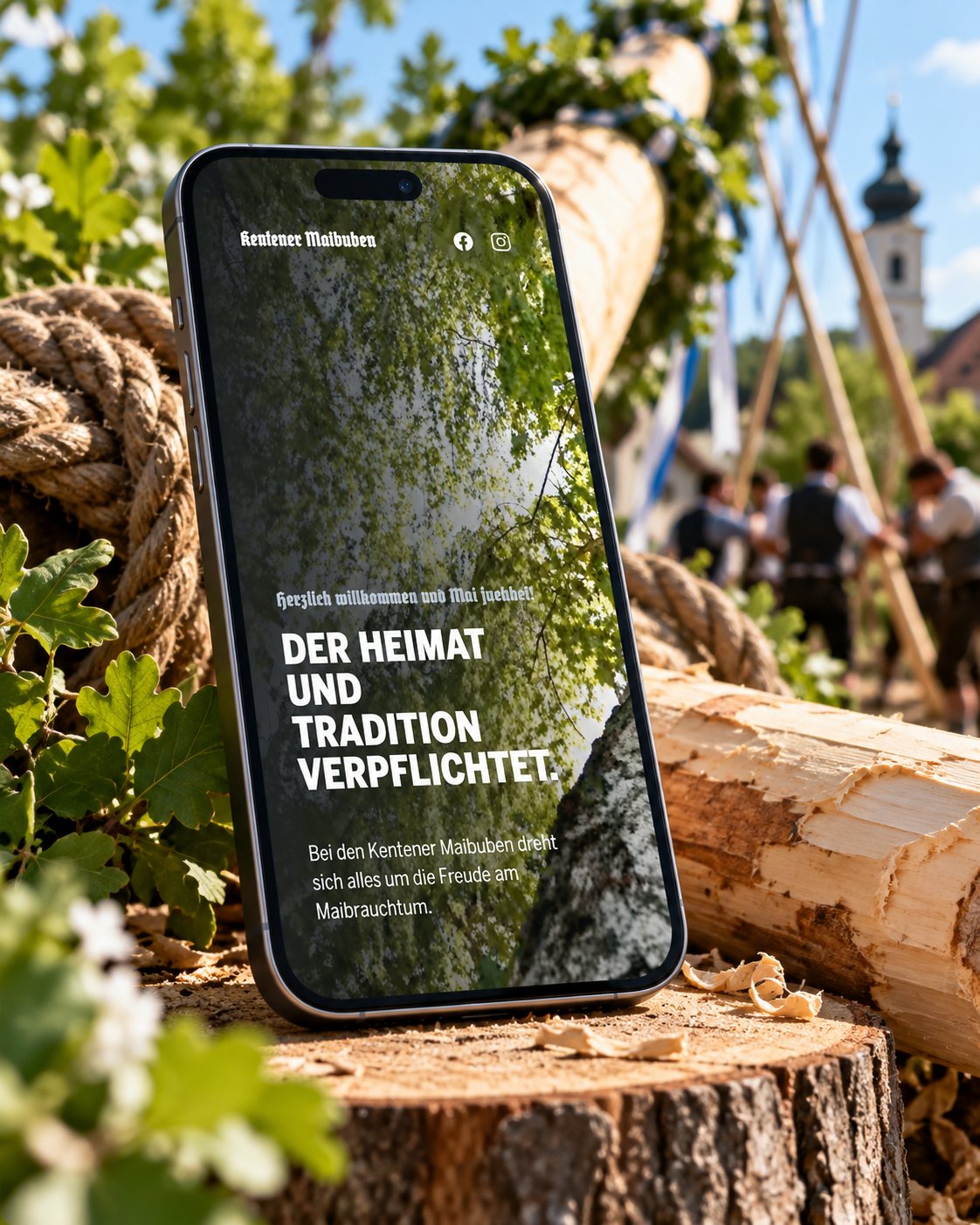 Kentener Maibuben — die mobile Website vor dem Maibaum und den Vereinsmitgliedern, Case-Study von digitalbynature