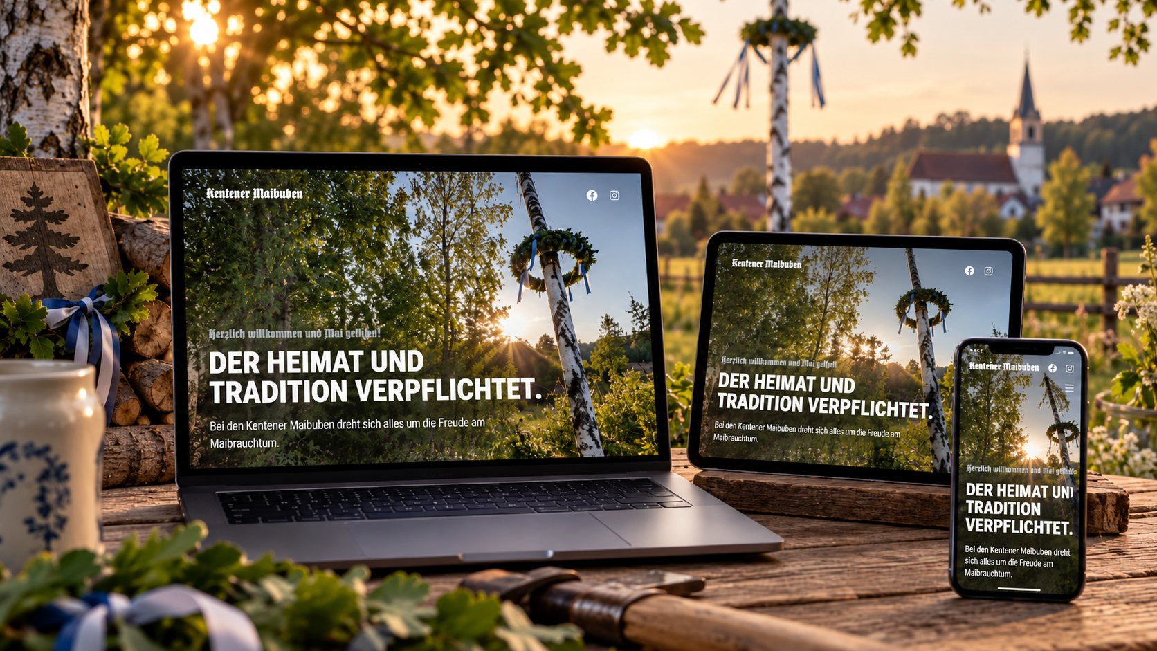 Kentener Maibuben — die Website auf Laptop, Tablet und Smartphone vor dem Maibaum, Case-Study von digitalbynature