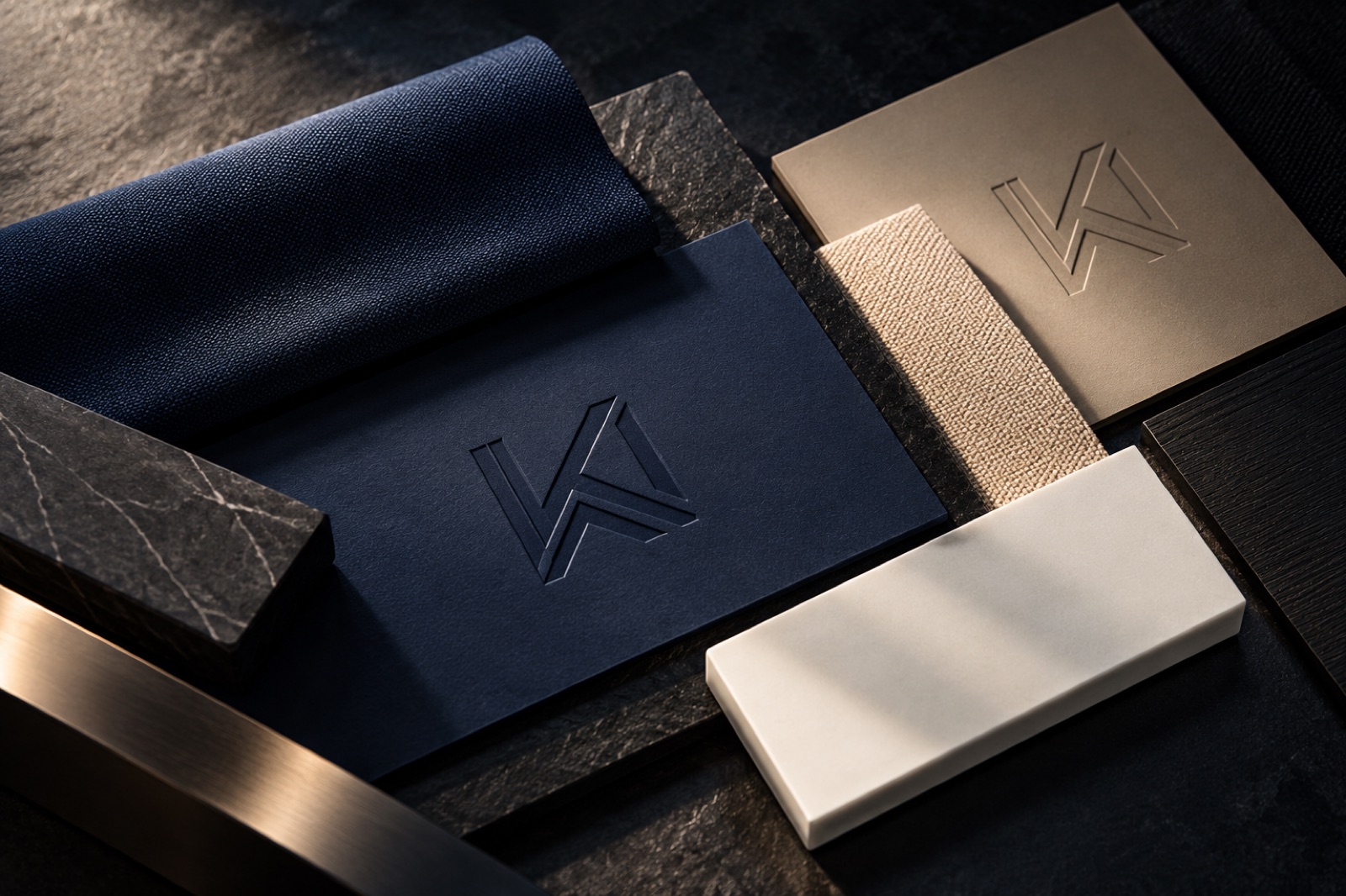 Krämer & Wedekind — dunkelblaue Geschäftsausstattung mit geprägtem, goldenem KW-Logo, Case-Study von digitalbynature