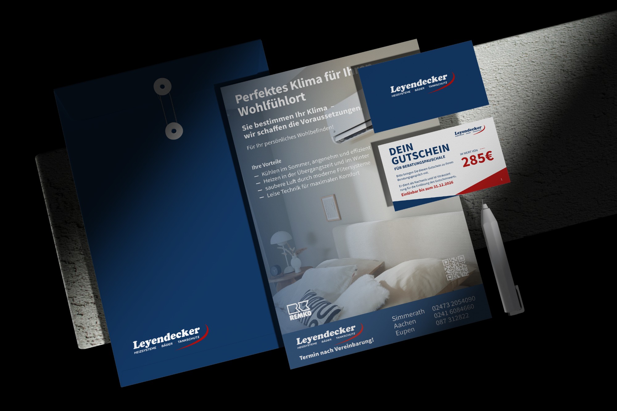 Leyendecker — Klima-Mailing mit Umschlag, Flyer, Visitenkarte und Beratungsgutschein