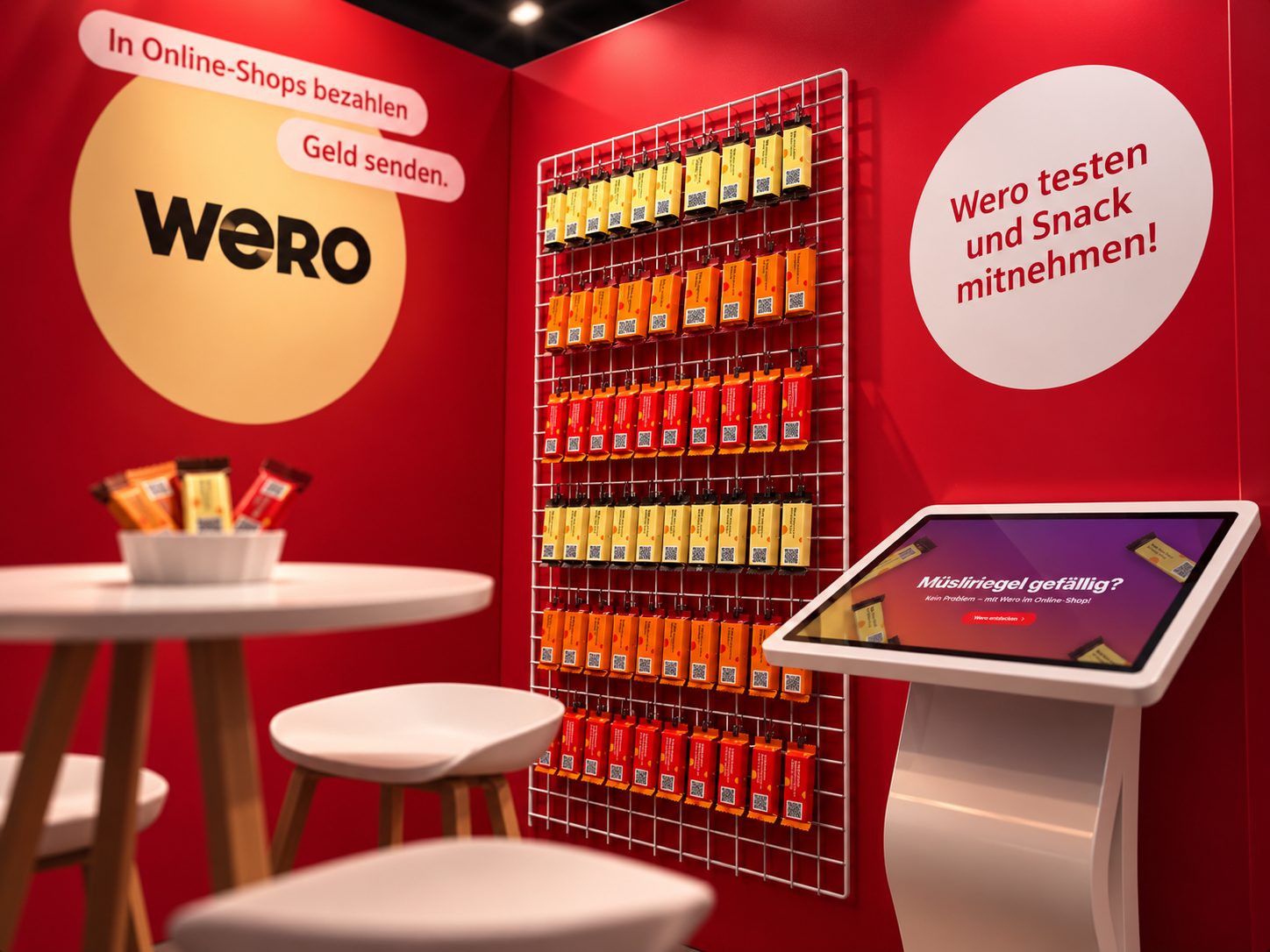 Wero Dummy Shop — Riegel-Wand und Terminal am Wero-Messestand, Case-Study von digitalbynature